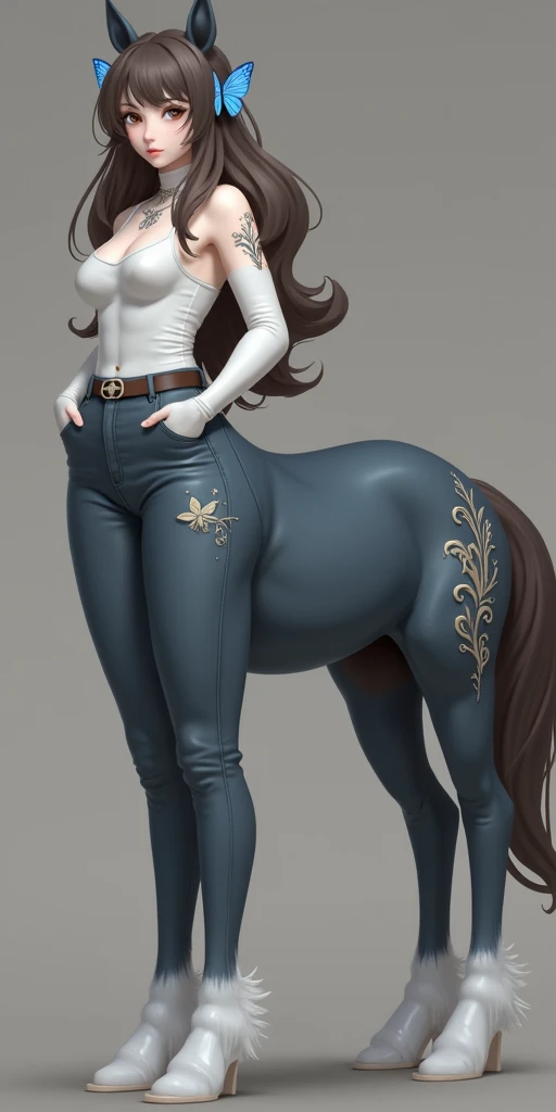 1Centaur Girl，Four-legged cowboy costume，Hands in pockets action，穿着Skinny jeans（(Skinny jeans: 1.6)）（Flesh-colored skin (Cynthia Sheppard),  Beautiful full body concept art, horse, smooth Fair and translucent skin, Pretty blue butterfly hair accessories and pale porcelain skin, Gu Weiss, Fair and translucent skin, Pale skin,,Ivory white skin, Light milky white porcelain skin，
