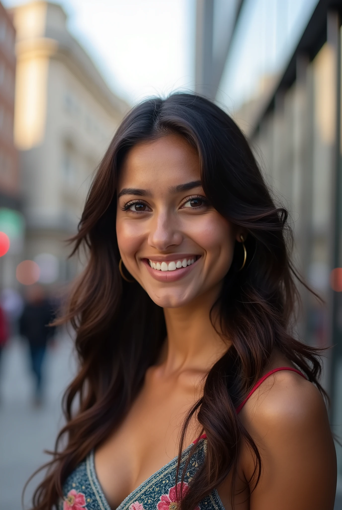There is a young, Beautiful indian woman, who looks to the future like Katrina Kaif. Smiles into the camera, beautiful teeth. She stands there and looks into the camera, a portrait from raw photo, london city