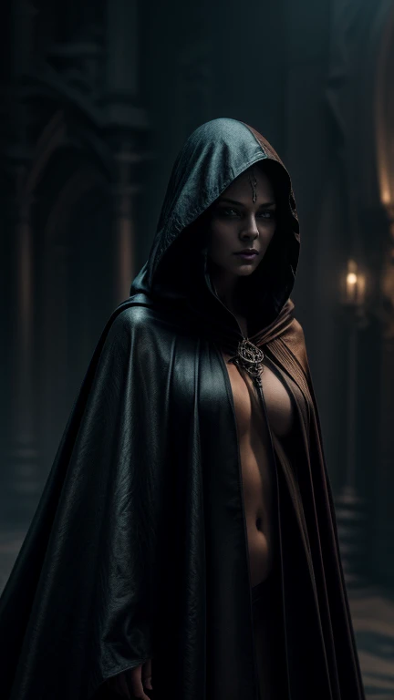 a beautiful naked sorceress raising her arms with a crystal dagger in her hand, wearing a red hooded cloak, detailed facial features, intricate clothing textures, dramatic lighting, dark fantasy, cinematic composition, vibrant colors, chiaroscuro, dramatic shadows, highly detailed, masterpiece, 8k, photorealistic