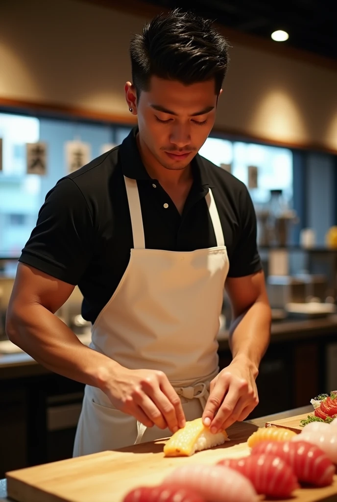 homem de 30 anos com fully body parrudo atlético e bem definido, broad shoulders and a slight bulge in the lower area through the white apron, underneath black polo. Your face is a little Latin Asian, goatee, must have a strong jaw, Straight Nose, and a gentle and seductive look. The hair is black, straight and short spiky, and the eyes are dark and deep. realistic lighting, Dynamic angle, 真实感, best qualityer, fully body. sushi bar restaurant atmosphere, is making sushi
