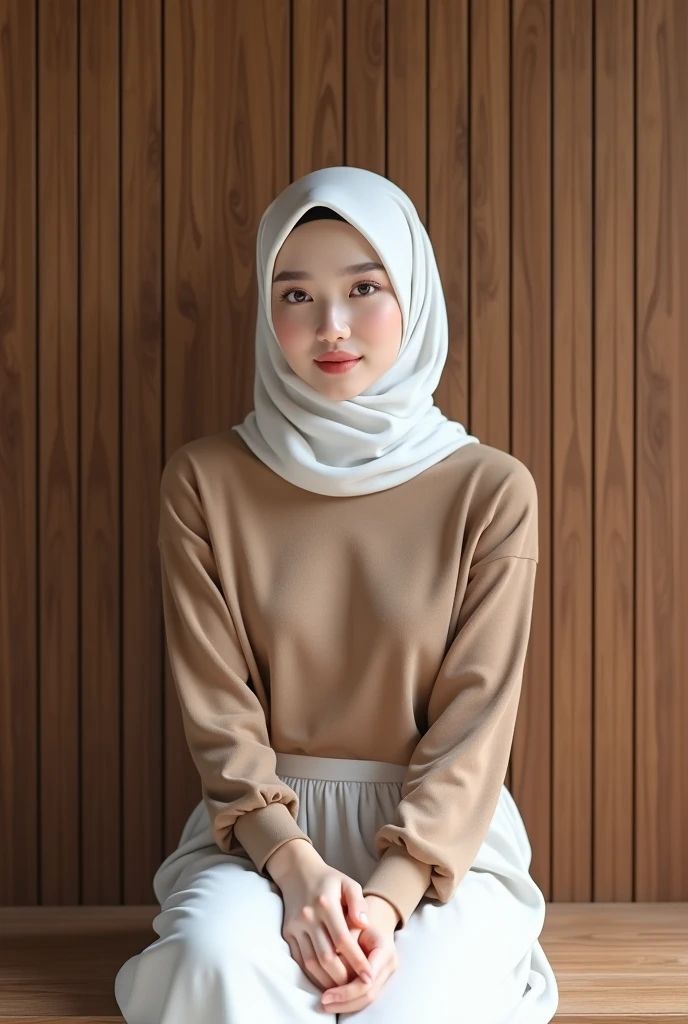 Top Quality, Masterpiece, High Resolution, 8k, Instagram photo, reailistic photo. Lora: realistic asian. a young woman white skinned,  20 years old, height 160 cm, wearing a white hijab. She is sitting on a wooden bench with her legs crossed and her hands resting on the bench. The woman is wearing a brown long-sleeved top and a white skirt. She has a neutral expression on her face and is looking directly at the camera. The background is a wooden wall with vertical slats. The overall aesthetic of the image is modern and minimalistic.