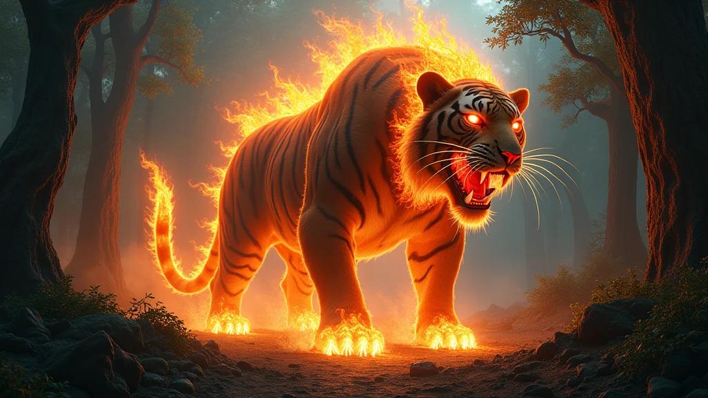 Big monster tiger with fire on the body  and on his mouth with blood walking in the forest  8k  