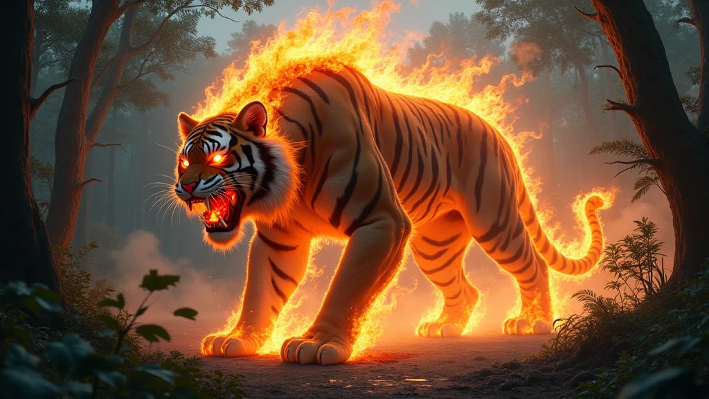 Big monster tiger with fire on the body and on his mouth with blood walking in the forest 8k