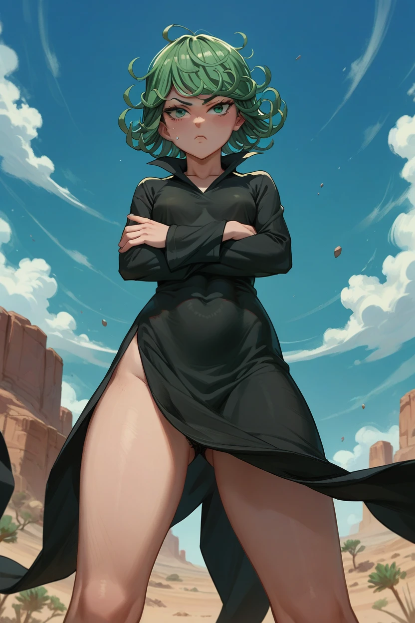 Tatsumaki from the cartoon "One punch Man", crossed hands, annoyed, flushed, from below, black panties, short black dress, in a desert. 