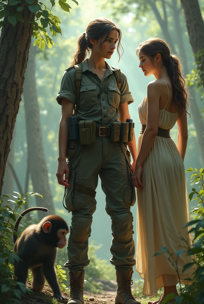 A wild female soldier, a monkey and a beautiful girl