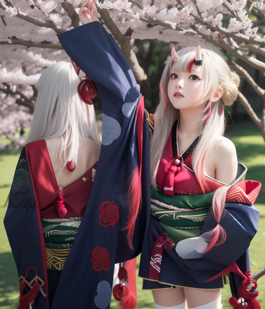 masterpiece、Highest quality、Absurd、Perfect Anatomy、One girl、solo、Nagikiri Ayame、Long Hair、Double bun、Iris Base、Black kimono、hair ornaments、band、White knee socks、Exposed shoulders、Long sleeve、Outdoor、Are standing、Cherry tree、arms crossed behind your back、Looking up at the cherry blossoms、
