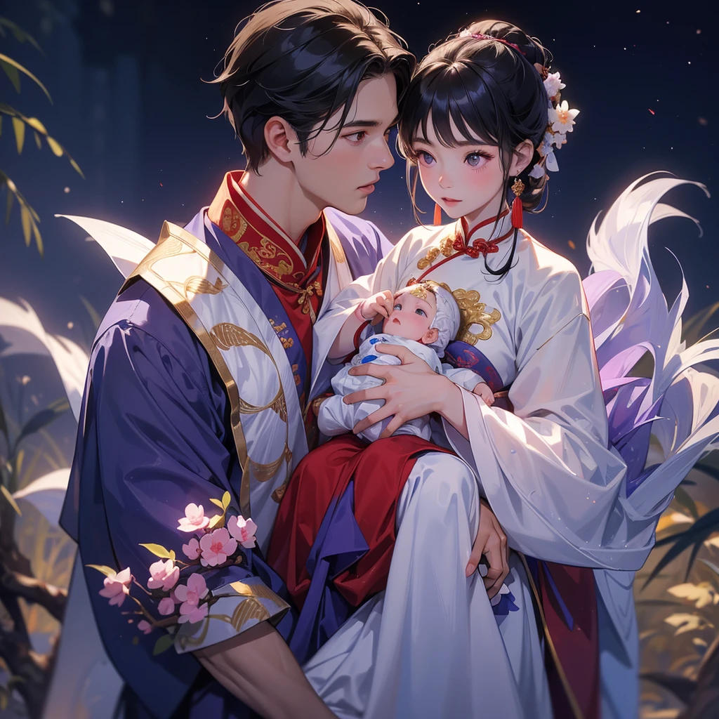 A one-year-old baby boy in an ancient Chinese baby costume with his beautiful mother, dressed in an white ancient Chinese costume, playing with each other, with his handsome father standing next to his mother, close up.

Background is a dark moonless night, with dry trees in the background, and purple glowing light