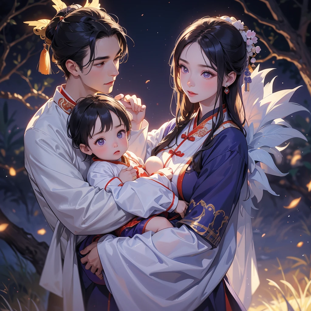 A one-year-old baby boy in an ancient Chinese baby costume with his beautiful mother, dressed in an white ancient Chinese costume, playing with each other, with his handsome father standing next to his mother, close up.

Background is a dark moonless night, with dry trees in the background, and purple glowing light