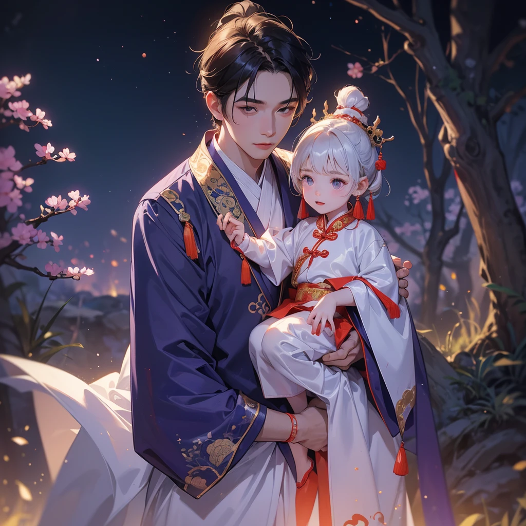 A one-year-old baby boy in an ancient Chinese baby costume with his beautiful mother, dressed in an white ancient Chinese costume, playing with each other, with his handsome father standing next to his mother, close up.

Background is a dark moonless night, with dry trees in the background, and purple glowing light