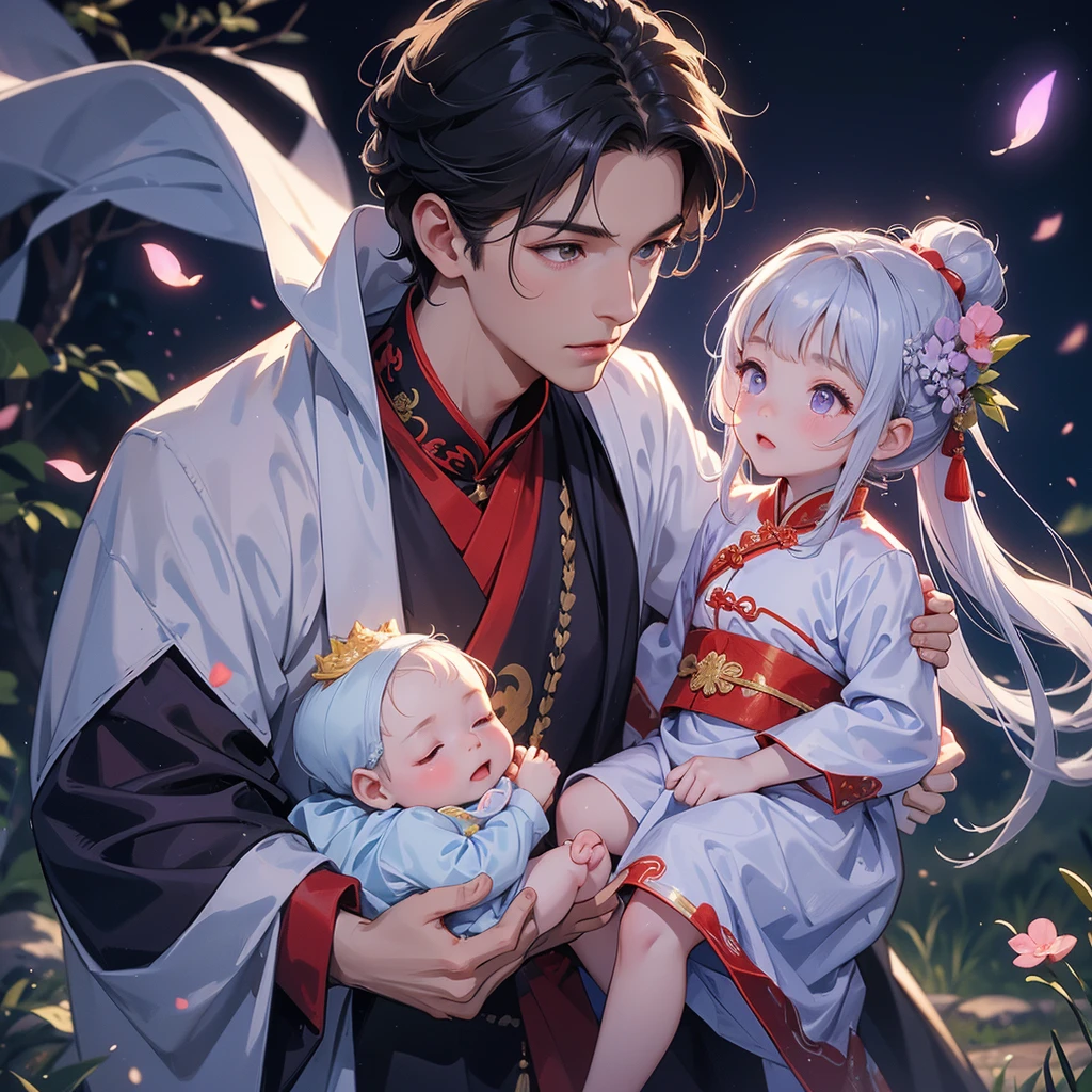 A -yead bab an ancient Chinese baby costume wiis beautiful mother, dressed in an white ancient Chinese costume, playing with each other, with his handsome father standing next to his mother, close up.

Background is a dark moonless night, with dry trees in the background, and purple glowing light