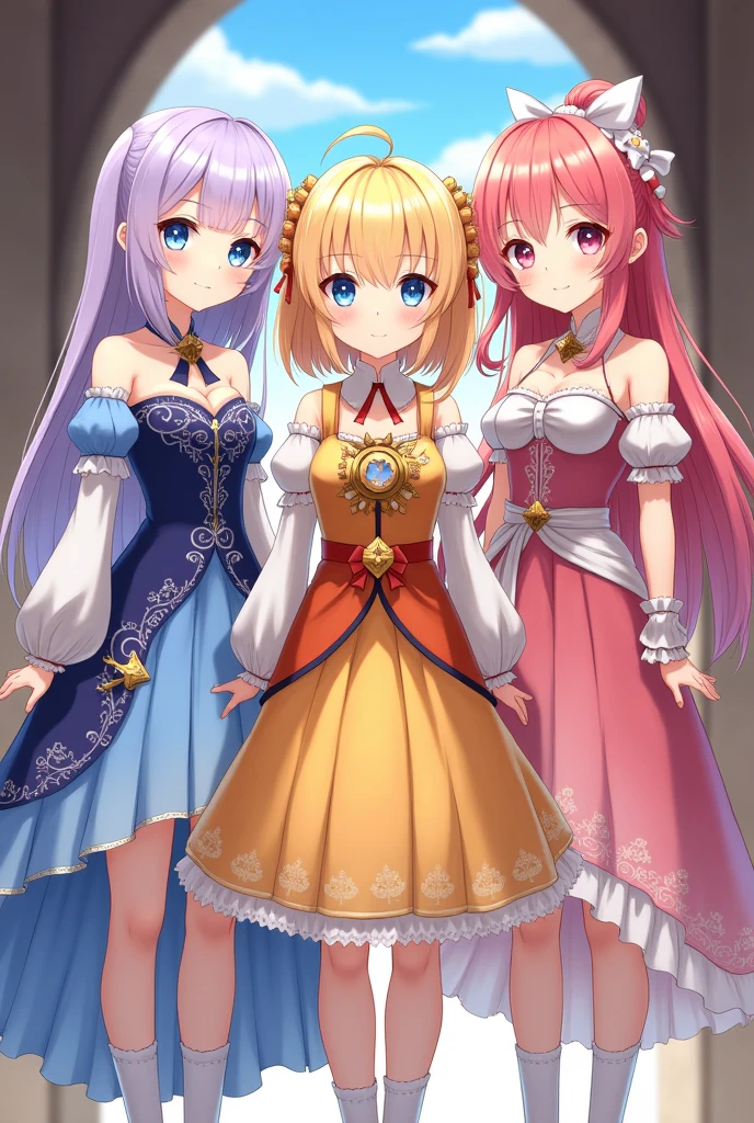 3 beautiful young girls the first girl with long lavender hair with bangs with light blue eyes in a gorgeous blue and white dress with detailed sleeves showing shoulder and short socks up to the ankles. The second girl with short sun yellow hair with bangs and a yellow and orange dress with a big gold necklace is the happiest and the third has long hair( Wavy) with strawberry pink hair with dull pink eyes in a bright and light pink dress with white with a bow at the waist long socks ( They are all )They all have the same height, medieval anime era ( the dresses are like the gemshin impact game) In the picture they have to come out whole from head to toe. They are still in the photo dressed in different clothes.