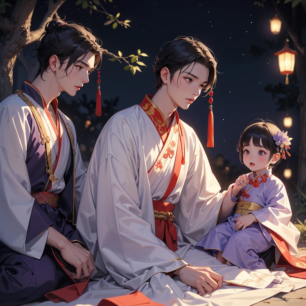 A -yead bab an ancient Chinese baby costume wiis beautiful mother, dressed in an white ancient Chinese costume, playing with each other, with his handsome father standing next to his mother, close up.

Background is a dark moonless night, with dry trees in the background, and purple glowing light