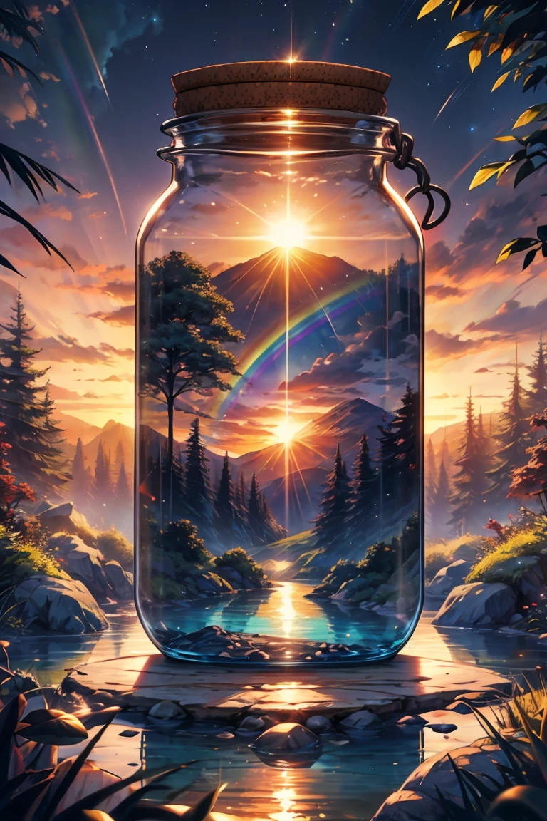 detailed, 8k, beautiful landscape with sunset in the forest and river, rainbow all inside a glass jar, with cork lid