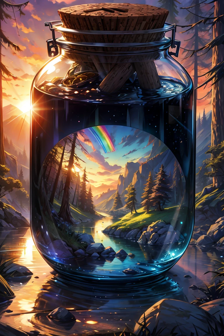 detailed, 8k, beautiful landscape with sunset in the forest and river, rainbow all inside a glass jar, with cork lid