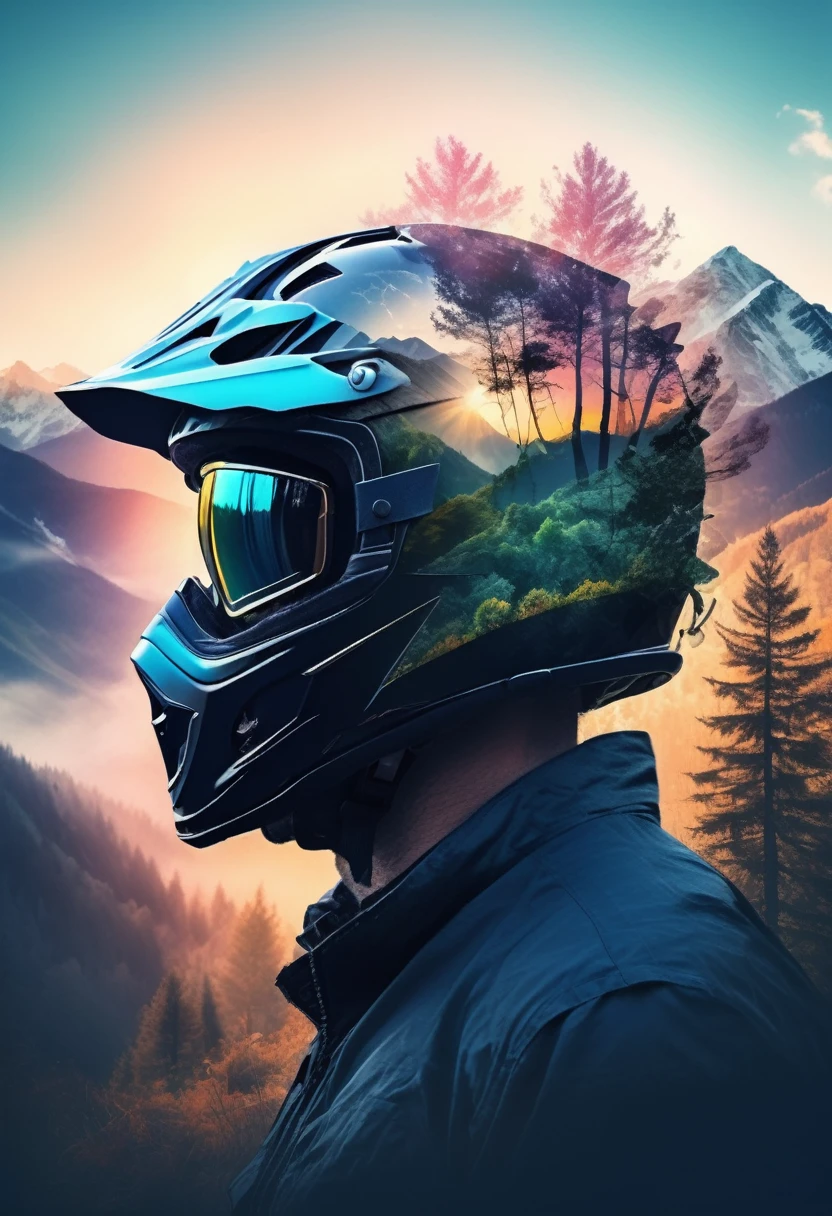 Triple exposure of the silhouette face of a man wearing a motocross helmet profile and shiny goggles , mountains, nature beauty and wonder, magical, majestical, beautiful colors,branches with leaves round frame extended branches