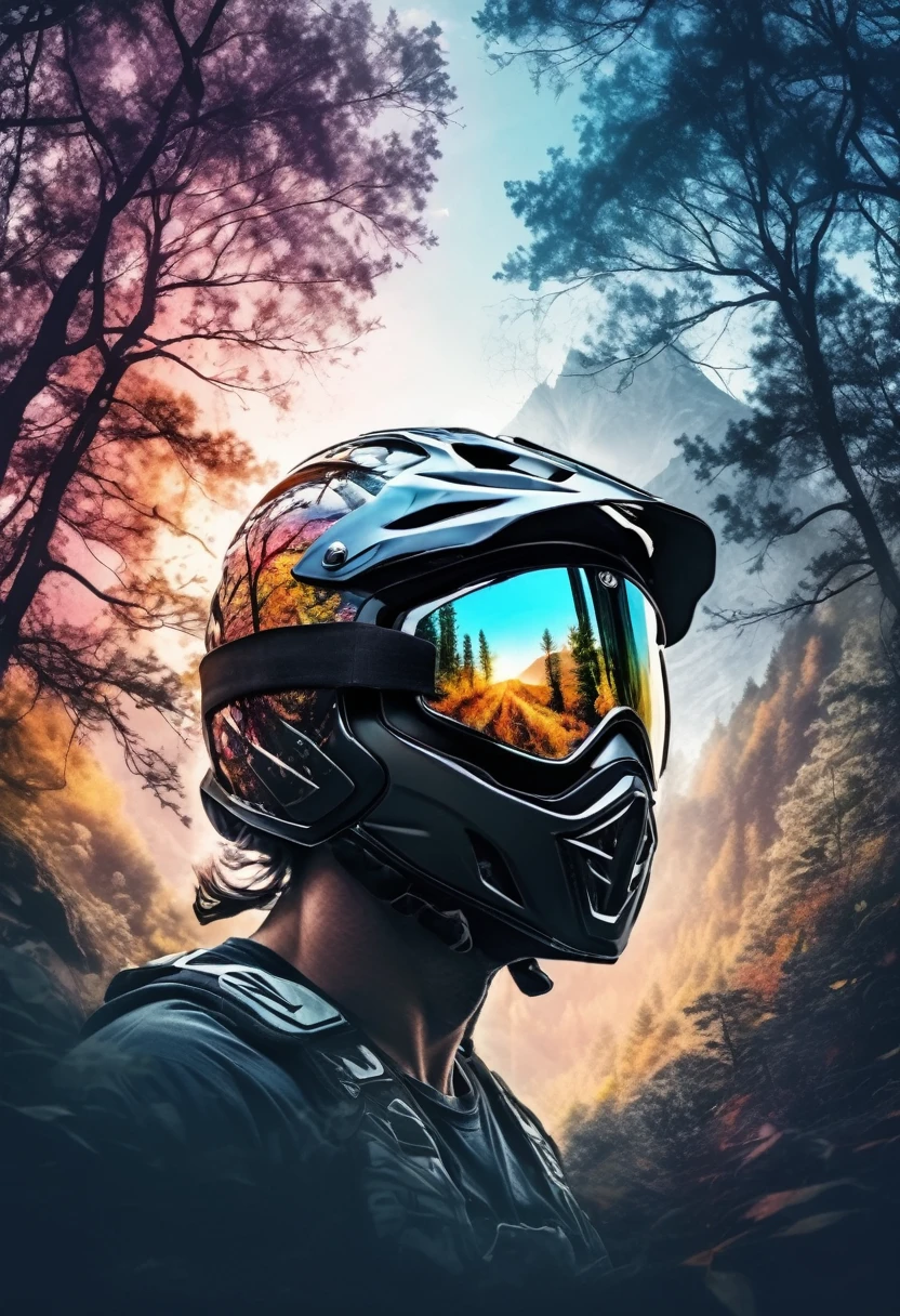 Triple exposure of the silhouette face of a man wearing a motocross helmet profile and shiny goggles , mountains, nature beauty and wonder, magical, majestical, beautiful colors,branches with leaves round frame extended branches
