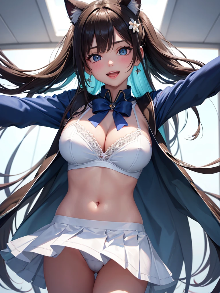 A beautiful girl with open arms posing in the air, anime girl, sailor suit, blue pleated miniskirt, reaching out, white flower print panties, white bra, underboobs, big round breasts, dark brown hair, long bangs, long hair, wavy hair, expressive hair, shiny hair, hairclip, cat hair ornament, aqua eyes, glowing eyes, pupils sparkling, earrings, open mouth, smile, grin, blush, tongue, glossy lips, upper teeth, high detail, anime, anime style, depth of field, cinematic lighting, dithering, image fill, framed, first-person view, pov, multiple views, from below, perspective, atmospheric perspective, Wide-Angle, f/1.8, 85mm, Nikon, 8k, super detail, UHD, retina, masterpiece, accurate, anatomically correct, textured skin, high details, best quality, highres, 16k