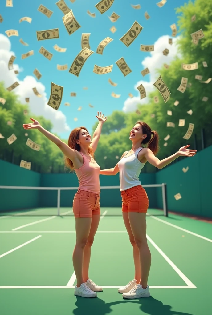 Two beautiful female vendors smile happily, look up, and spread their arms, waiting to receive money, which is falling from the sky in large amounts, on the tennis court.