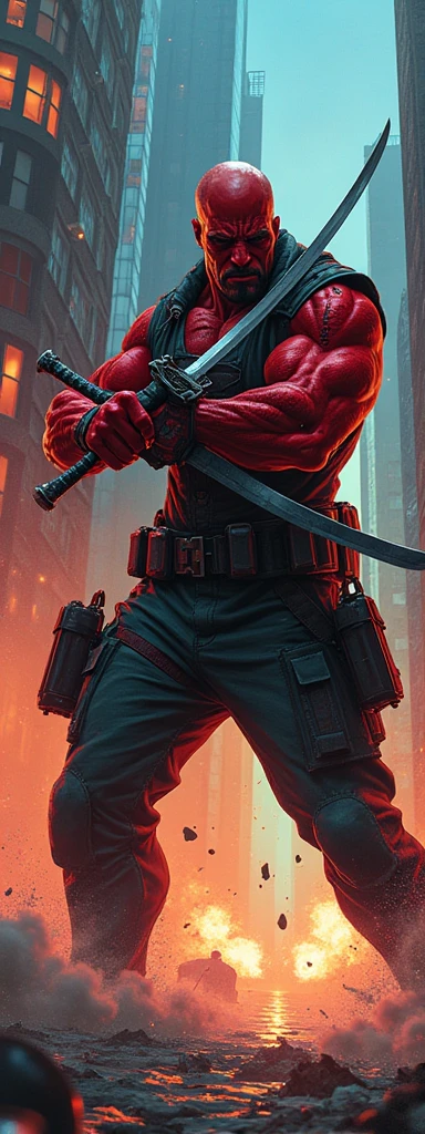 1guy, red indian, marvel,action,character,vigilante,mercenary,martial arts,swords,katanas,comic book style,highly detailed illustration,dynamic poses,bullet holes,explosions,cityscape background,vibrant colors,shadows and highlights,defiant expression,cigar-smoking,cool attitude,scars,deadly combat,badass attitude