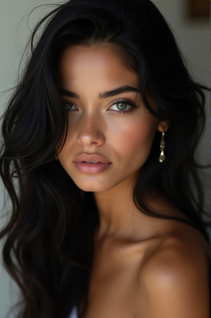 Young Latina model with white skin, black hair and light eyes 