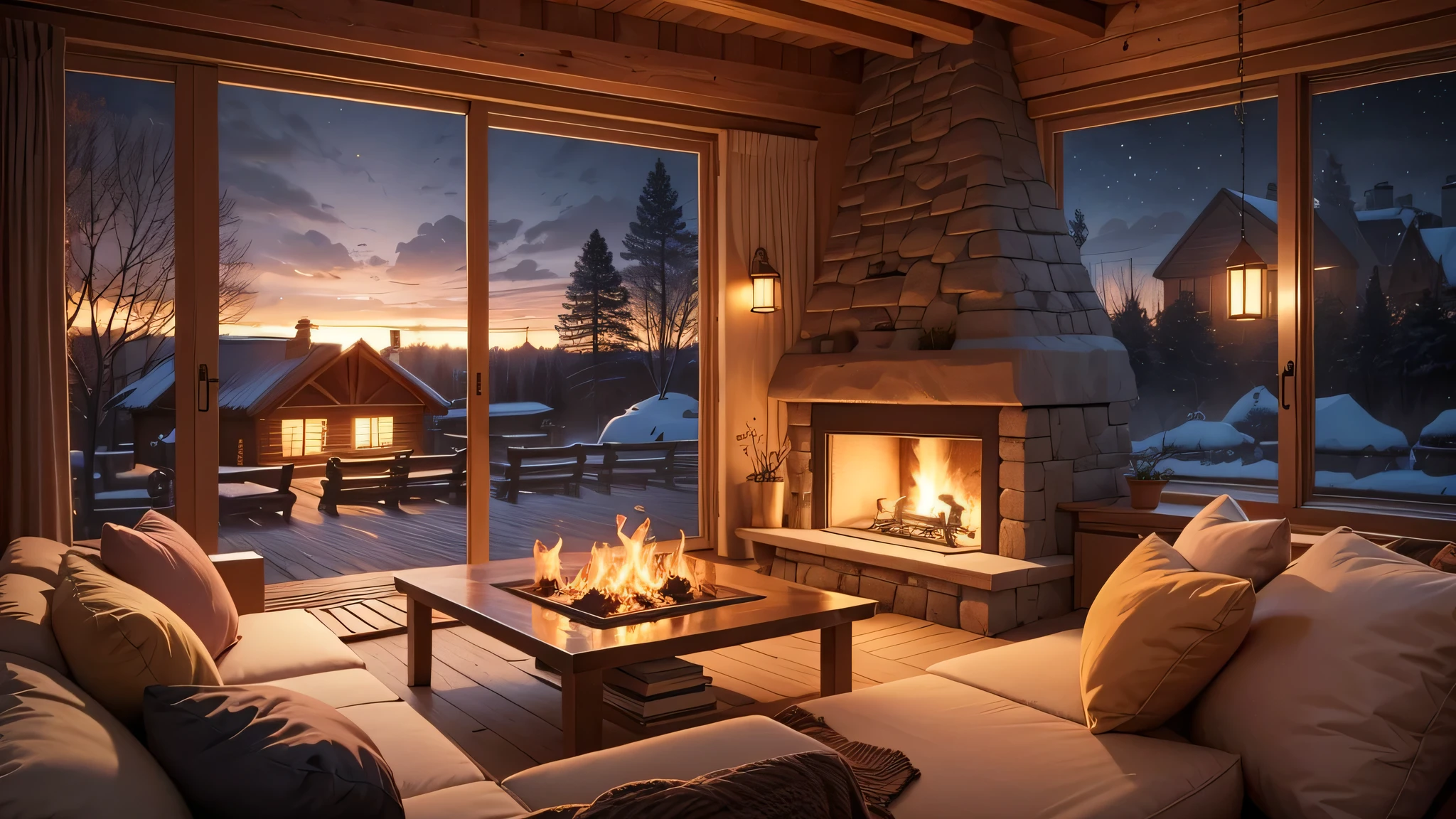 Cartoon background of wooden house living room, This night outside](Comfortable atmosphere), (Soft lighting), Bright stone fireplace fire, This is the best night, Transparent glass window