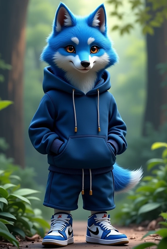 A blue wolf，Wearing a sweatshirt and shorts and aj