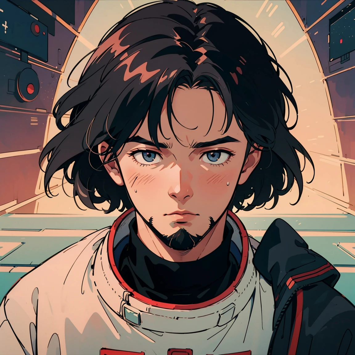 the Faded Astronaut wears a pink space trajectory, marked by time, reflecting his life full of disappointments. His medium hair, falling to his shoulders, and his full, well-groomed beard give an air of maturity to his face. His large, dark eyes, typical of the manga, express deep sadness, while the crack in his helmet symbolizes the emotional scars he carries.