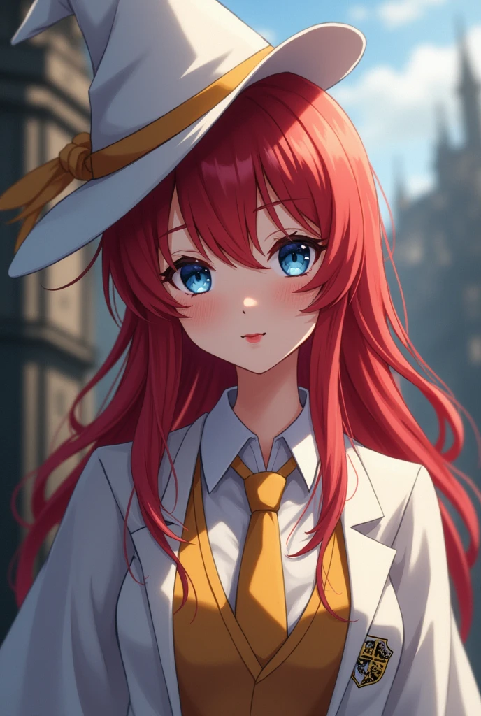 You can create a Harry Potter Magic aweekend girl in which you show a fifth year howarts girl, navy blue eyes, a white tunic with gold and elegant tie, hat tilted halfway white, Red lips, redhead, you are elegant, With anime style, a little mature and elegant and from the house of haffulpuf