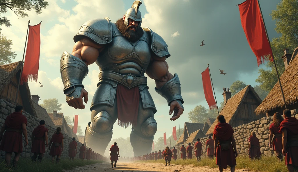 Generate an image showing Goliath’s Arrival - Goliath arriving at the village, towering over the frightened villagers. Imagine a dramatic scene set just outside a small village. At the forefront, Goliath stands tall and imposing, easily towering over the thatched roofs of the houses. He is clad in heavy armor that glints in the sunlight, with a massive helmet that accentuates his intimidating presence.
His muscular build and fierce expression instill fear in the frightened villagers, who scatter and watch from behind walls and trees, their faces a mixture of awe and terror. The village is quaint, with cobblestone streets and fluttering banners, creating a stark contrast to Goliath's formidable figure. The sky above might be somewhat overcast, adding to the tension of the moment.