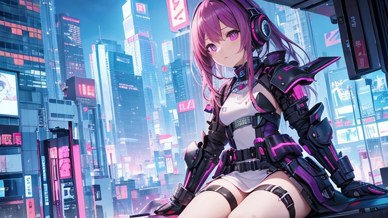 Purple-red girl、Black and white body armor、Wear headphones、Expressionless、Looking down on a cyberpunk city、high resolution、High delicate