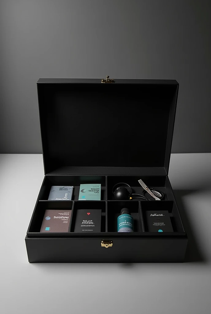 Draw me a luxurious square black box. Inside includes 4 black compartments, The first compartment contains 4 boxes of condoms., The second compartment is a black anal plug., The third compartment is a bottle of lubricant gel., The fourth compartment is for emergency medicine.