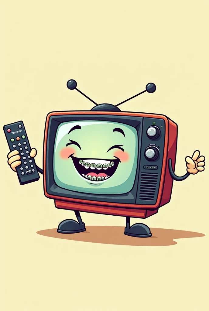Cartoon style television smiling with braces with two arms holding a remote control with a VERY BIG NAME written on it IPTV