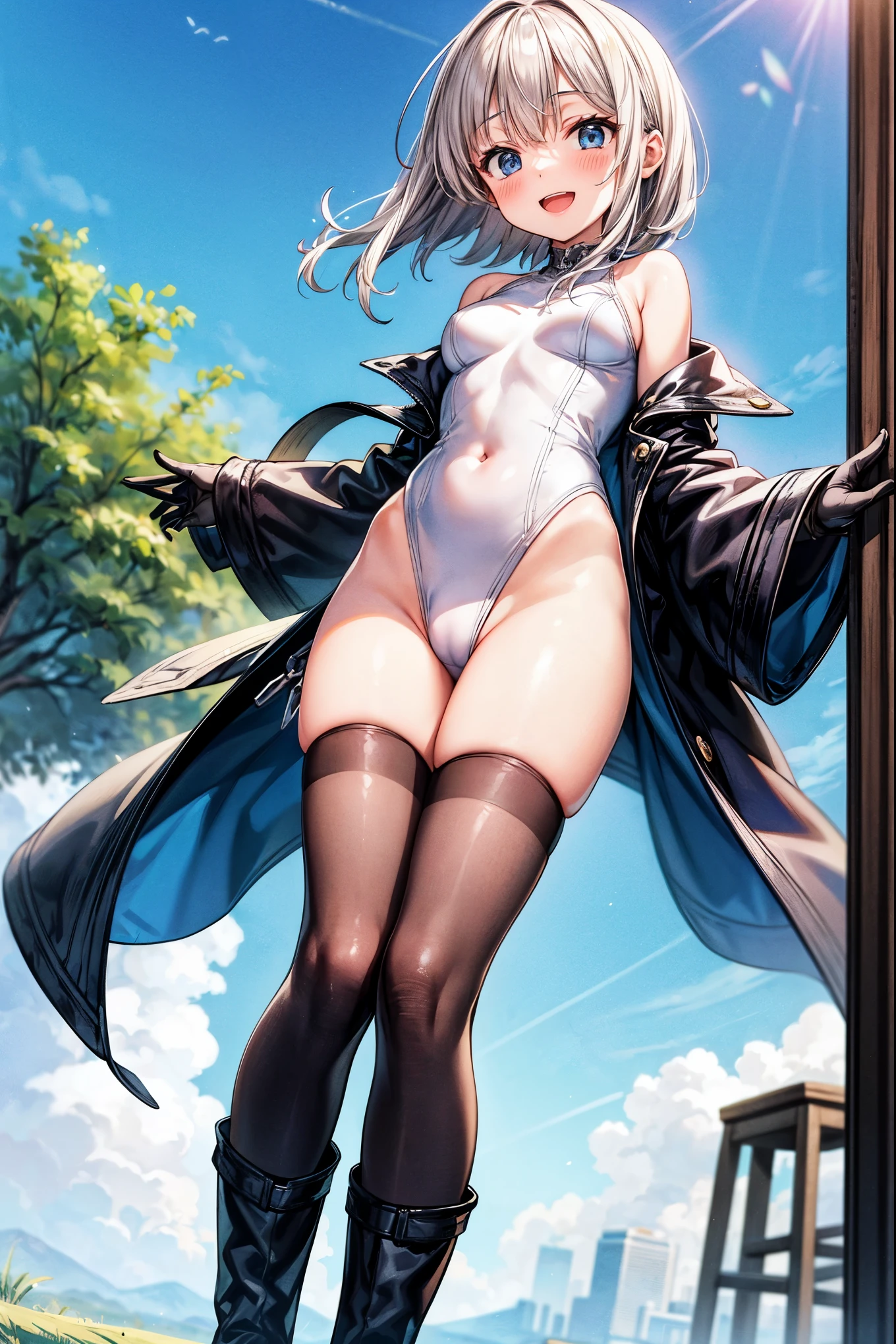 fantasy,ung_teeirl,medium_hair,platina_blond_hair,white_leotard,covered_crotch,thigh-highs,smile,standing,bluesky_landscape_background,slightly_spread_legs,happiness, short_gloves ,solo, r18, navel,relicbuster,short,boots,open_mouth,sitting,knees,blush,shy,piledriver,(crotch:1.3),solo,boots