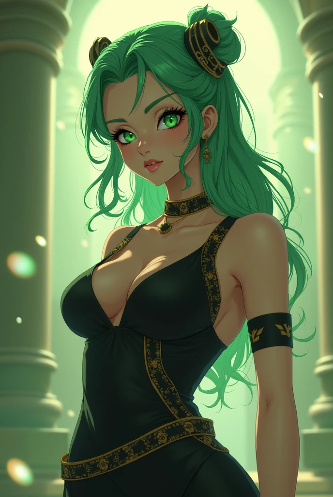 Beautiful adult woman with green hair and green eyes with perfect curvy anatomy, Black Ancient Greek Outfit in Anime Style