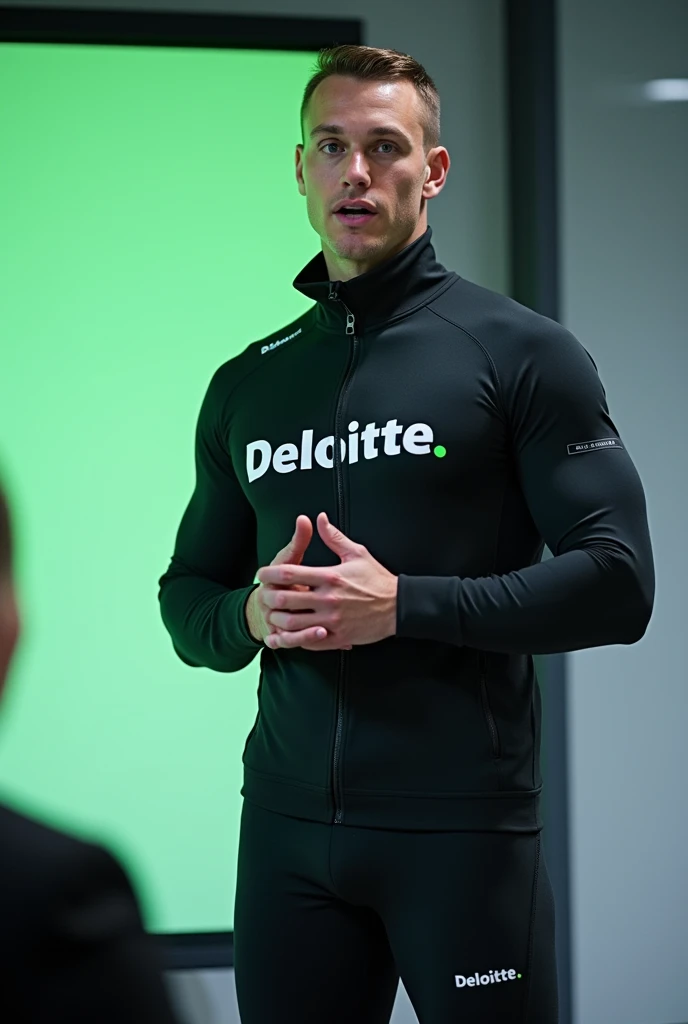 Design a full image of a swimmer during a presentation dressed in a tracksuit with complete image of matching trousers. The tracksuit should prominently display the word 'Deloitte' printed on it, with the full stop after 'Deloitte' Green, as this is a key detail.