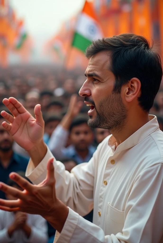Create this picture in two frame, in one frame Rahul Gandhi (indian leader) doing a political rally with many people and in othere frame he is practicing Judo Karate with some people.