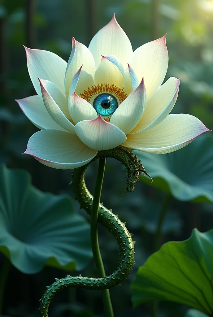 A white lotus flower with green scars and a realistic blue eye and a dragon