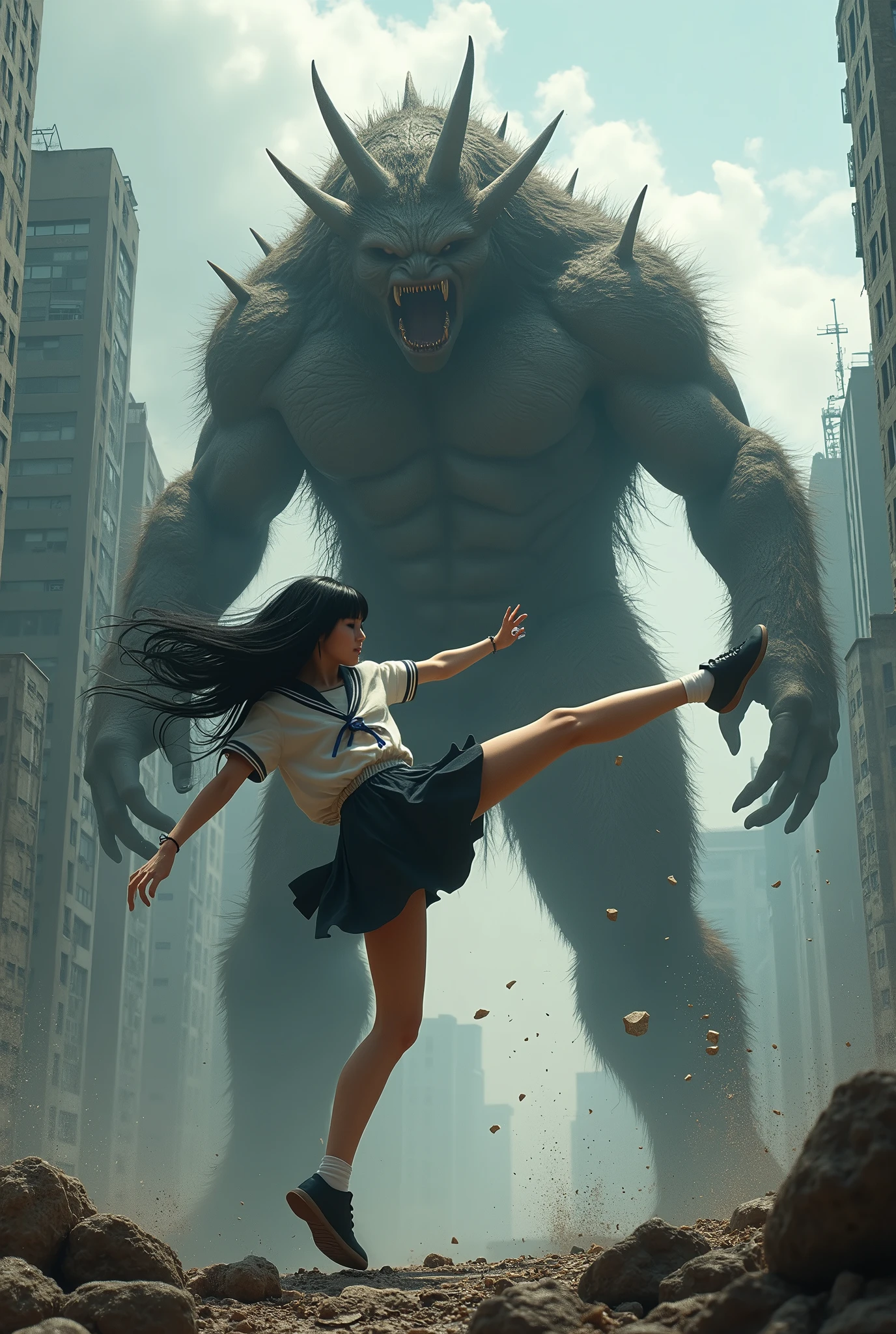 A giant high school girl jump-kicks a giant monster、Buildings、Black Hair、Bobcut、Real、photograph、Cloudy、City