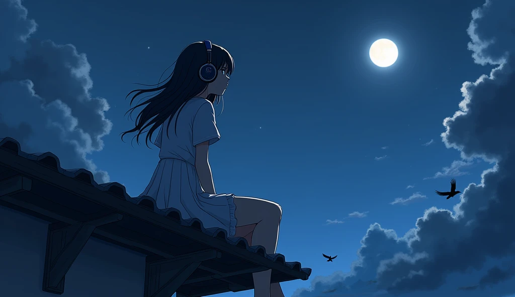 Beautiful anime girl wearing big headphones sitting on the eaves,Look at the moon, There are crows in the sky, Alena Aenami 的The art of math, tumblr, The art of math, Lofi art style, 4k Anime Wallpaper, Sitting on the roof, Anime background 4K, Anime Wallpaper 4k, Anime Aesthetics, Anime Art Wallpaper 4K, Lofi Feeling, Anime Art Wallpaper 4K, Anime Wallpaper