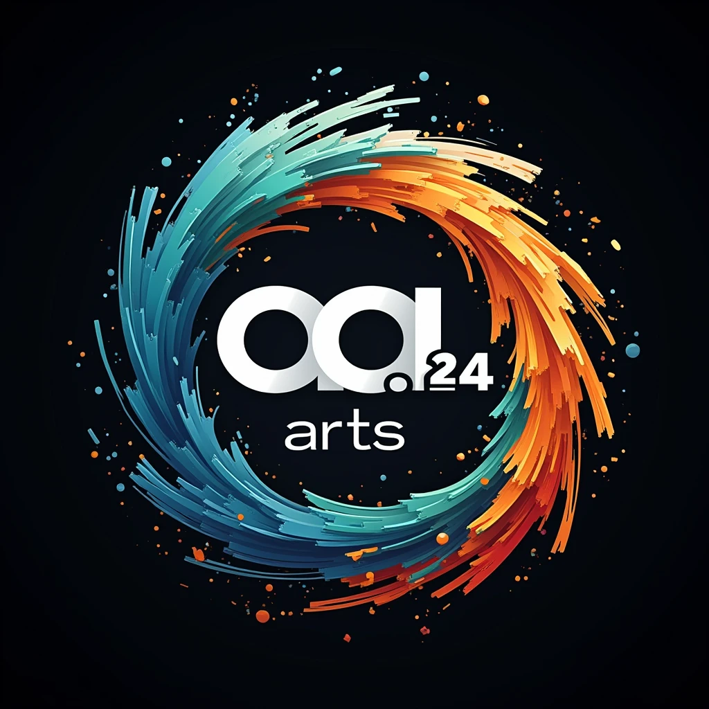A circular logo featuring the text ARTS at the bottom, with the Capital word AA24 in a bold, stylized font. The background showcases vibrant, swirling colors of blue, orange, and green, creating a dynamic and artistic effect. The overall design has a modern, three-dimensional look, set against a dark backdrop.