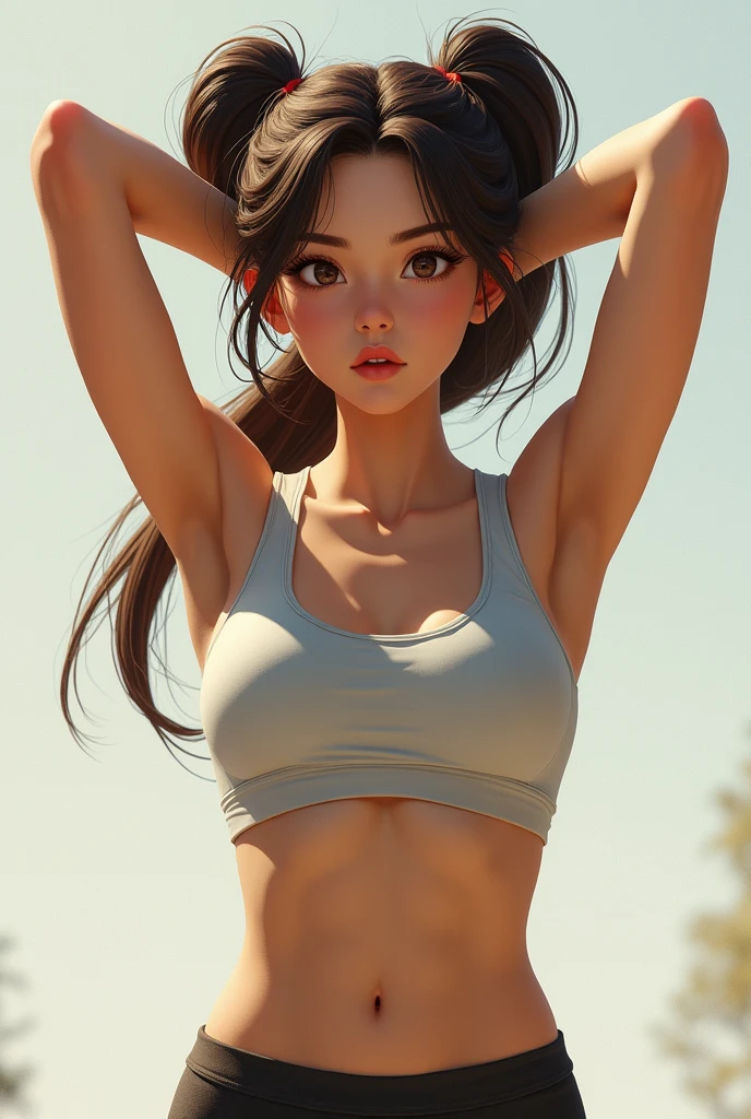 Skinny Brunette skin girl with twin tails hair and biking arms up 