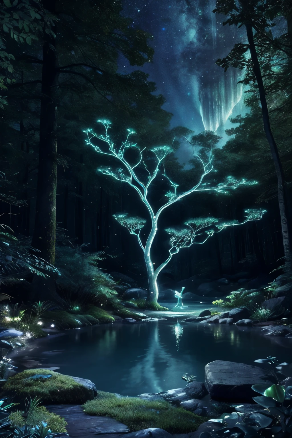To ensure it can stand out against Midjourney AI, you might want to refine the prompt and instructions for even greater detail and uniqueness. Here’s an enhanced version:
**Prompt:**
"Create an ancient forest where colossal, bioluminescent trees with silver bark reach toward a starry night sky. The dense canopy filters moonlight into intricate patterns on the forest floor, which is alive with glowing fungi and shimmering plants. In the heart of the forest, feature an enchanting spring with luminescent water cascading over crystalline rocks. Add magical creatures such as luminous deer with antlers made of light and delicate, radiant butterflies fluttering around. The scene should blend realistic forest elements with fantastical details, using a color palette of deep emerald, midnight blue, and soft silver with touches of vibrant neon to create a spellbinding, otherworldly atmosphere."
**Instructions for SeaArt AI:**
1. **Model Selection:**
- **High Fantasy Detail Mix**: For merging highly detailed natural and magical elements.
- **LoRA**: Focus on enhancing bioluminescent textures and intricate creature details.
2. **Style and Lighting:**
- **Celestial Fantasy**: Emphasize the interaction of moonlight and glowing elements.
- **Advanced Lighting Effects**: Accentuate the luminescence of flora and magical creatures with dynamic lighting and shadow play.
3. **Image Refinement:**
- Generate multiple variations, selecting those with the highest detail and depth.
- Use **Canvas** for precise adjustments, particularly to enhance glowing features and forest details.
- Apply **Swift AI tools** to ensure sharpness and resolution with a focus on intricate textures.
4. **Color Palette:**
- Rich emerald and midnight blue for the forest backdrop.
- Luminous silver and neon highlights for glowing elements and magical creatures.
5. **Post-Processing:**
- Use **Advanced Repair** to clean up details and enhance the glowing effects.
- Employ ligh