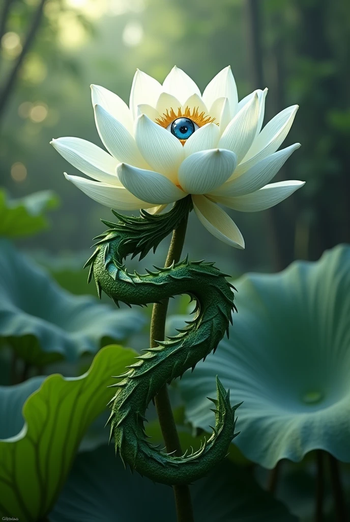A white lotus flower with green scars and a realistic blue eye and a dragon