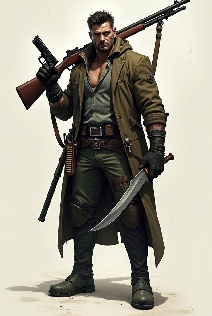 arms,knife,,beltポーチ,Pistol,warrior,gloves,belt,Long coat,whole body,Knee-high boots,Long sleeve,rifle