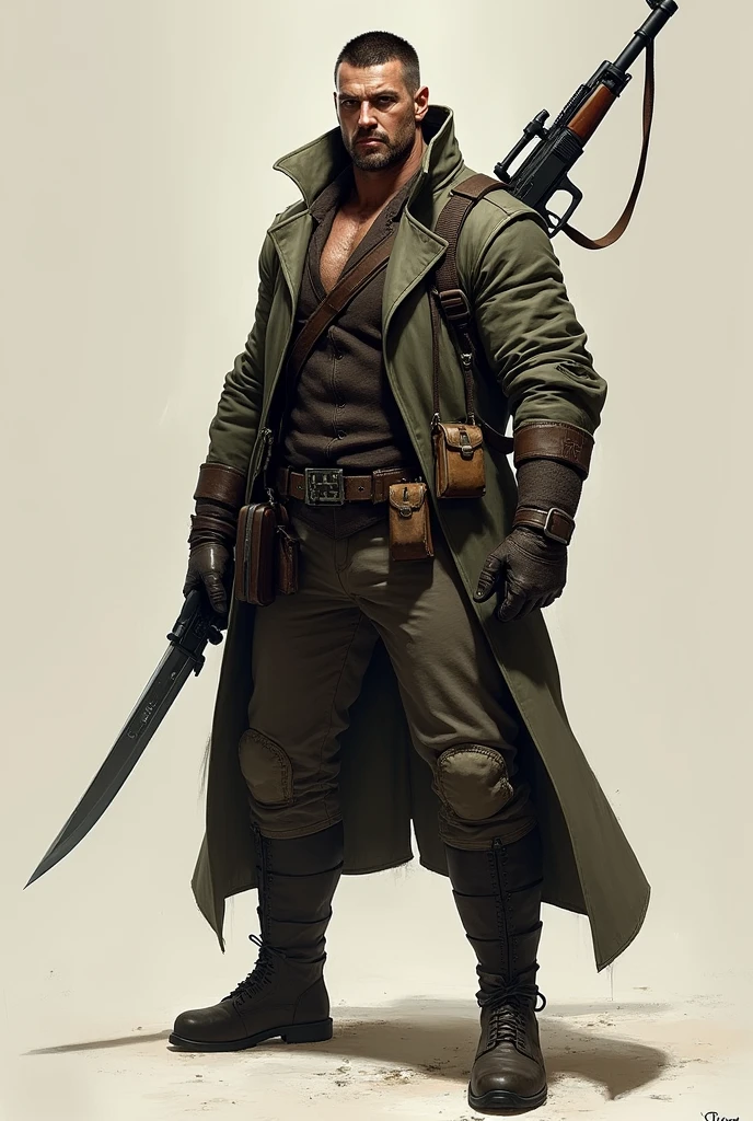 arms,knife,,beltポーチ,Pistol,warrior,gloves,belt,Long coat,whole body,Knee-high boots,Long sleeve,rifle