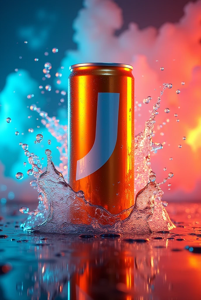 "A vibrant and eye-catching soft drink advertisement featuring a large 'J' logo. The scene shows a soda can with a modern and shiny design., with the 'J' in the center standing out in a contrasting color. The background of the ad is very colorful, with splashes of bright colors like blue, red, and yellow, simulating bubbles and freshness, giving a feeling of energy and vitality. The lighting is intense, highlighting the freshness and attractiveness of the product, with a focus on the can being the focus of the ad.