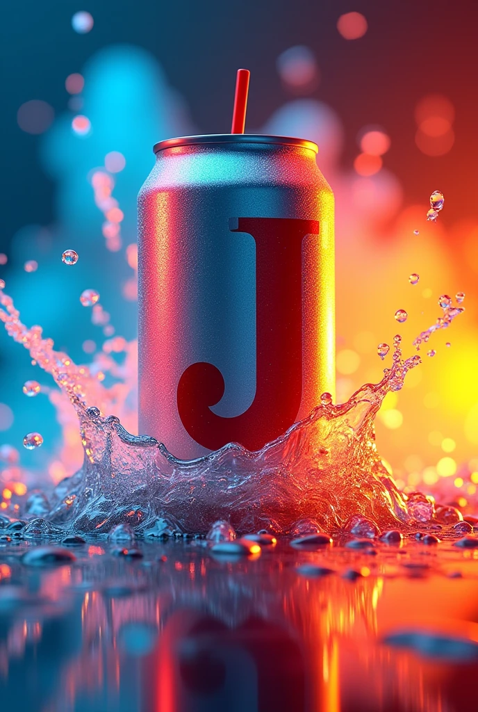 "A vibrant and eye-catching soft drink advertisement featuring a large 'J' logo. The scene shows a soda can with a modern and shiny design., with the 'J' in the center standing out in a contrasting color. The background of the ad is very colorful, with splashes of bright colors like blue, red, and yellow, simulating bubbles and freshness, giving a feeling of energy and vitality. The lighting is intense, highlighting the freshness and attractiveness of the product, with a focus on the can being the focus of the ad.