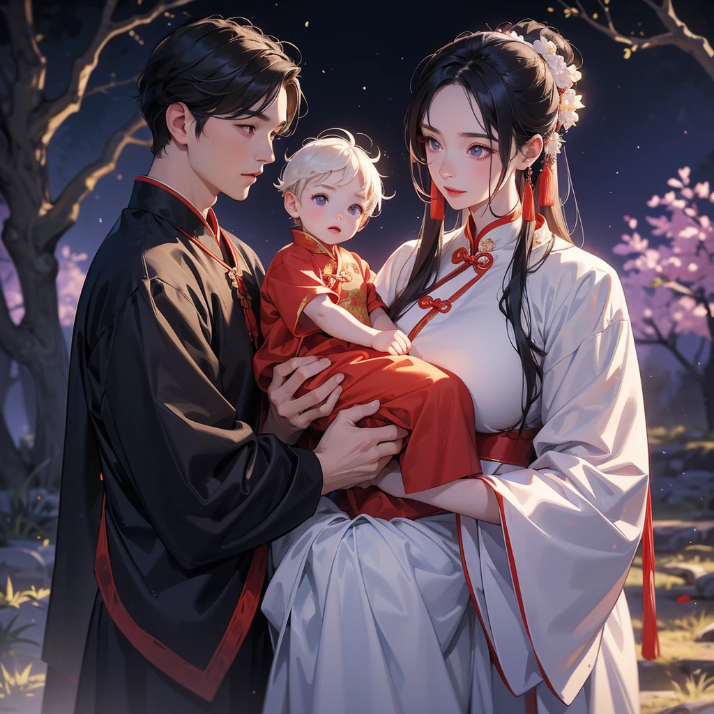 A -yead bab an ancient Chinese baby costume wiis beautiful mother, dressed in an white ancient Chinese costume, playing with each other, with his handsome father standing next to his mother, close up.

Background is a dark moonless night, with dry trees in the background, and purple glowing light