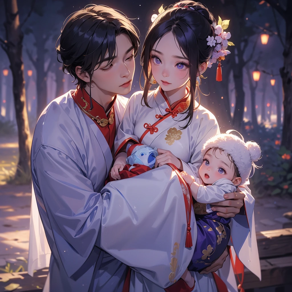 A one-year-old baby boy in an ancient Chinese baby costume with his beautiful mother, dressed in an white ancient Chinese costume, playing with each other, with his handsome father standing next to his mother, close up.

Background is a dark moonless night, with dry trees in the background, and purple glowing light