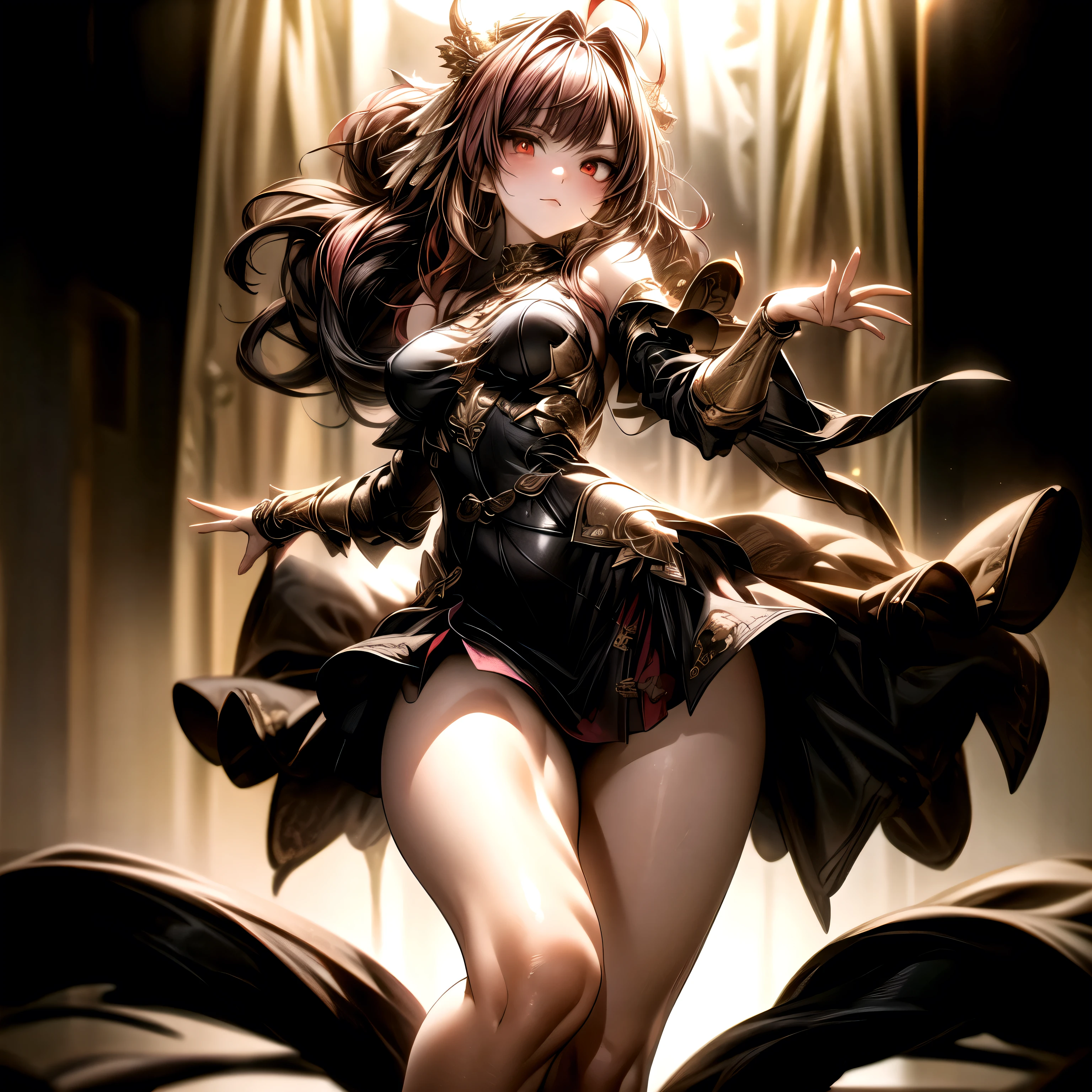 (best quality)), ((Masterpiece)), (details:1.4), 3d, HDR (high dynamic range), an image of a beautiful cyberpunk female, Fantasy, Red hair, Curtain Bangs, Sleek style, Hips up, Beautiful Red eyes, จมูกโด่ง, ปากแดง, หน้าอกใหญ่, nvidia RTX, PBR surface, After processing, Anisotropic filtration,depth of field, Maximum clarity and clarity, multi-layered surface, Subsurface scattering, perfect proportions, 8K raw files, ultra detailed, Perfect proportions, volumetric lighting, soft lighting, Holy Paldin, Heavy Golden Armor, Golden dress, intricate Golden embroidery, glossy skin, Bed room Background, jewely, ต่างหู, นิ้วมือสมบูรณ์, mini red skirt,